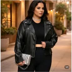 Jaqueta feminina plus size couro ciper frontal