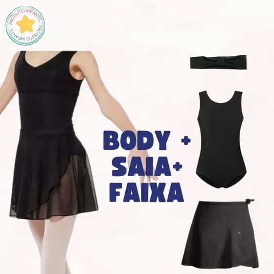 Kit de Ballet Balé Infantil Body Saia e Faixa Para Cabelo