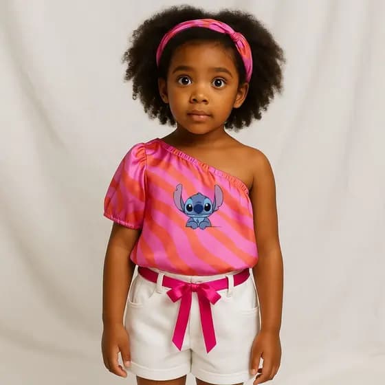 Kit Blusa Infantil de um Ombro só Retrô Com estampa do Stitch Faixa e Shorts Branco - Meio
