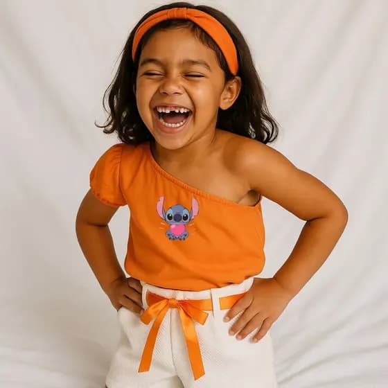 Kit Blusa  Infantil de um Ombro só Laranja Com Estampa do Stitch Segurando um Coração Faixa e Shorts Branco
