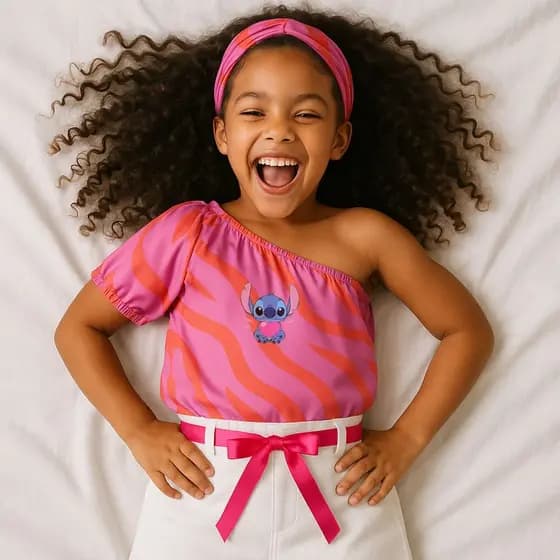 Kit Blusa  Infantil de um Ombro só Retrô Com Estampa do Stitch Segurando um Coração Faixa e Shorts Branco