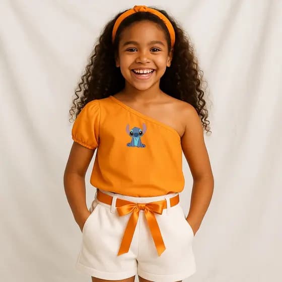 Kit Blusa  Infantil de um Ombro só  Laranja Com estampa do Stitch Sentado Faixa e Shorts Branco
