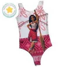 Body Collant  Infantil Branco com Rosa Estampa Moana