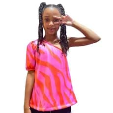 Blusa de um Ombro só  Rosa Roxo e Laranja Estampa Retrô