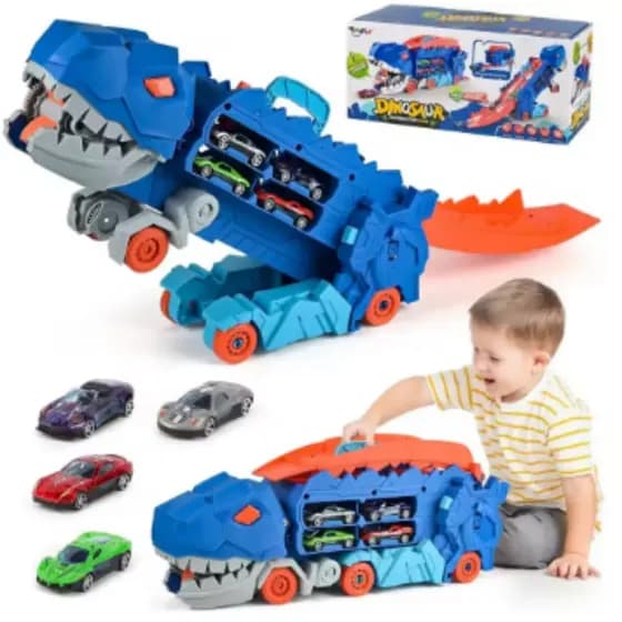 Caminhão Rampa Dinossauro Cegonha Devorador De Carros Pista Dinossauro Azul