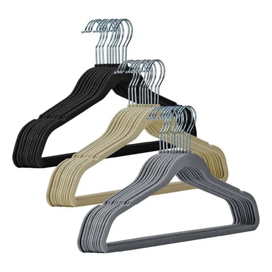 Kit 30 Peças Cabide Veludo Slim Ultra Fino 45cm Não Escorrega Cores Preto Cinza Bege