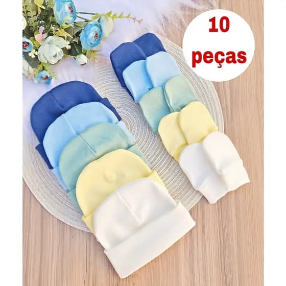Kit 5 Touca e 5 Luva Para Bebê Recém Nascido 100% Algodão Antialérgico Maternidade