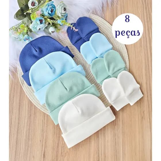 Kit 4 Touca e 4 Luva Para Bebê Recém Nascido 100% Algodão Antialérgico Maternidade