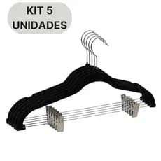 Kit 5 Unidades Cabide Slim Antideslizante Veludo Preto Presilhas Resistente