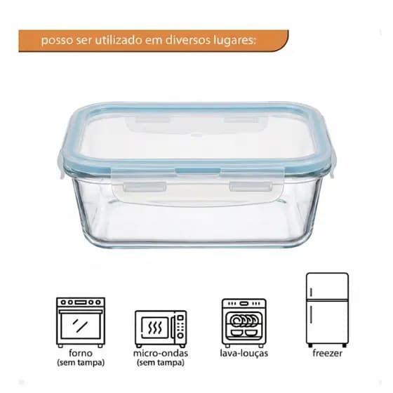 Pote De Vidro 640ml ou 1040ml ou 1500ml Hermético Retangular Marmita Com Trava Forno Freezer Microondas Anti Vazamento