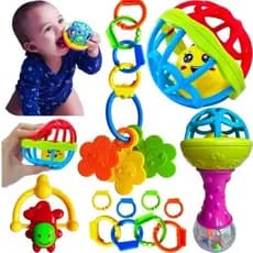 Kit Brinquedo Bebe Chocalho Mordedor Silicone Macio Bola Colorida 8 Peça Menina e Menino Móbile