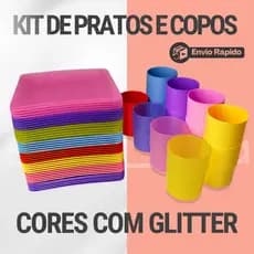 Kit Refeição e Lanche - Pratos Quadrado e Copo de 200ML de Plástico Efeito Glitter Diversas Cores
