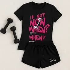 Conjunto Fitness Feminino “Now or Never” – Camiseta Algodão Premium + Short GYM Preto Treino Academia Qualidade e Estilo