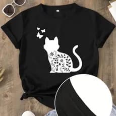 Camiseta Preta com estampa de Gato 100% algodão, Feminina verão