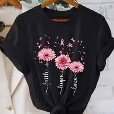 Camiseta T-shirt feminina 100% algodão Premium, com estampa 3 Flores Casual básica verão