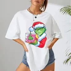 Camisa GRINCH Oversized Larga Estampa Natal cor Branca em Algodão Feminina e Masculina