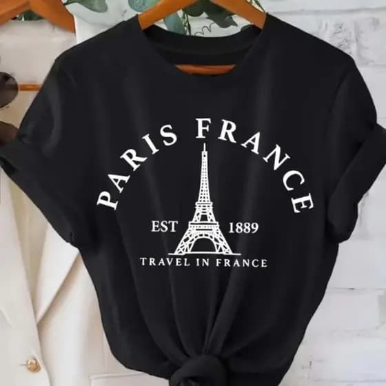 Camiseta Feminina Casual Básica 100% Algodão com Estampa da Torre Eiffel , verão Paris manga curta
