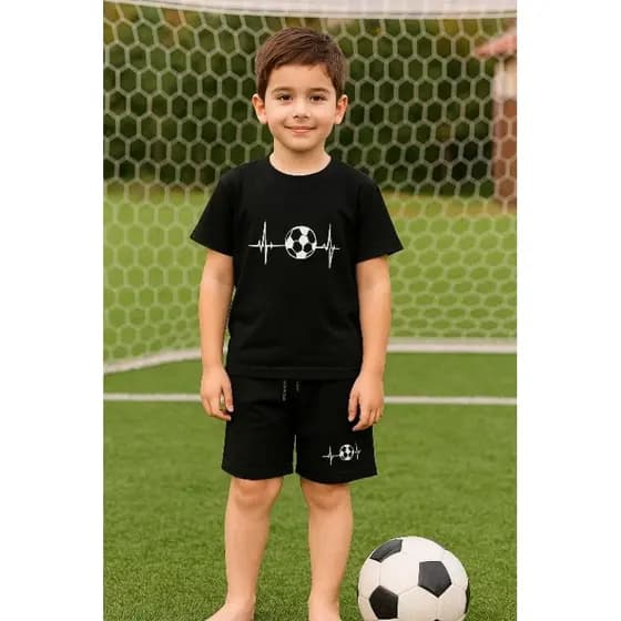 conjunto de camiseta algodão e bermuda moletom para menino com estampa de  batimento e futebol, casual verão