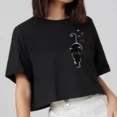 cropped camiseta T-shirts 100% algodão preta feminina, com estampa gatinho