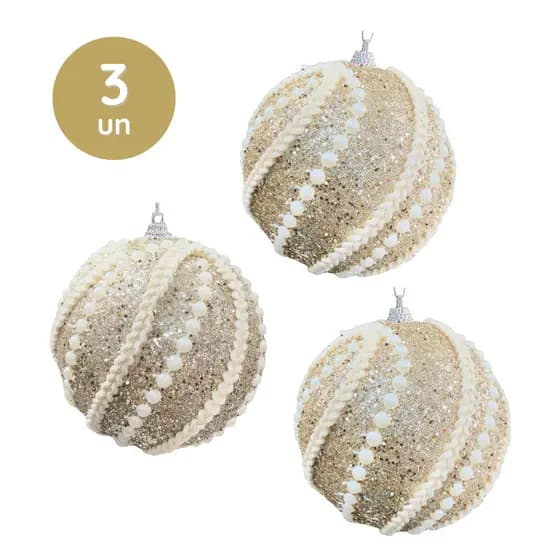 Kit 3 Bolas de Natal Douradas com Glitter Pérolas e Cordão Branco 10cm Enfeite Elegante