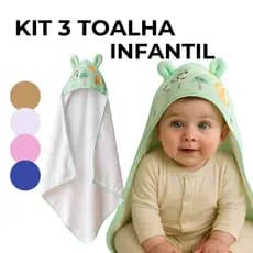 Kit 3 Toalhas com Capuz Infantil Bebe Algodão Macias Absorventes Ideais para Banho Piscina Praia