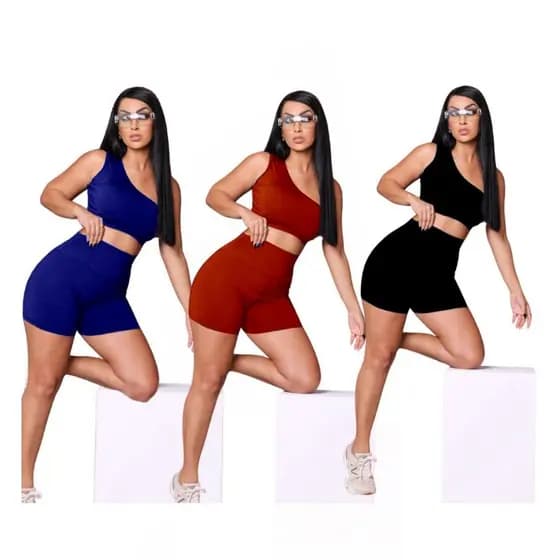 Conjunto academia fitness short leggin e top suplex cropped com bojo removível cós alto