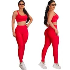 Conjunto Fitness para malhar Top com bojo removível e costuras embutidas calça com cos alto