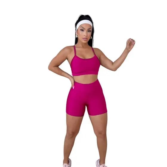 Conjunto Fitness Feminino Top Alça Short Legging Liso
