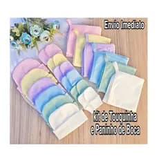 Kit com 2 Touca e 2 Luva 2 Paninho de Boca com Prendedor de Chupeta Para Bebê Recém Nascido Maternidade