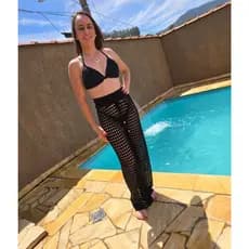 Calça Saida Praia Tricot Furadinha Rendada Com Cordao Pantalona