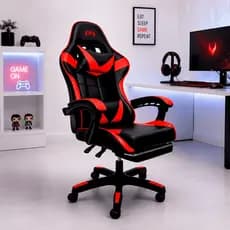 Cadeira Gamer Ergonomica Reclinavel Apoio Pes Almofada Vermelha Couro Sintetico Apoio Lombar Nienz