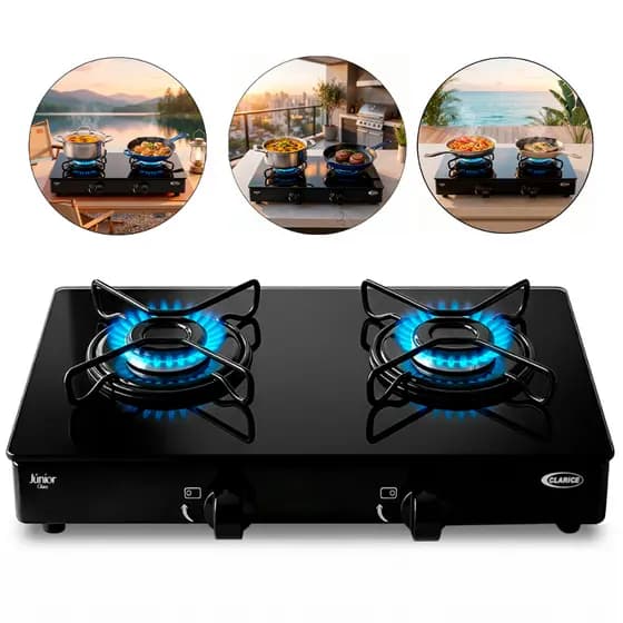 Fogão Cooktop de Mesa Portátil a Gás 2 Bocas Ultra Chama Vidro Temperado Clarice
