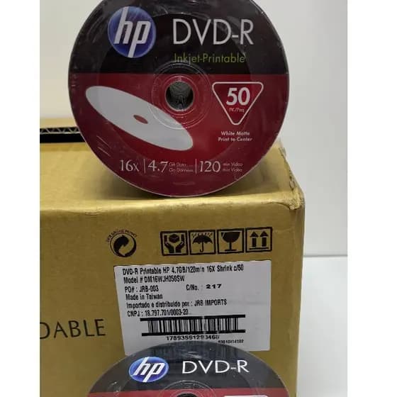 DVD-R HP PRINTABLE 4.7GB DE 120 MINUTOS. 100 MIDIAS.