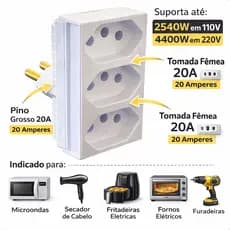 Adaptador De Tomada 3 Saídas 20a Extensor Triplo Tipo T Benjamin Tê Pino Grosso Monobloco 127/220v