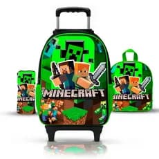 KIT Mochila Escolar Infantil Minecraft Menino de rodinhas com lancheira e estojo - Reforçada