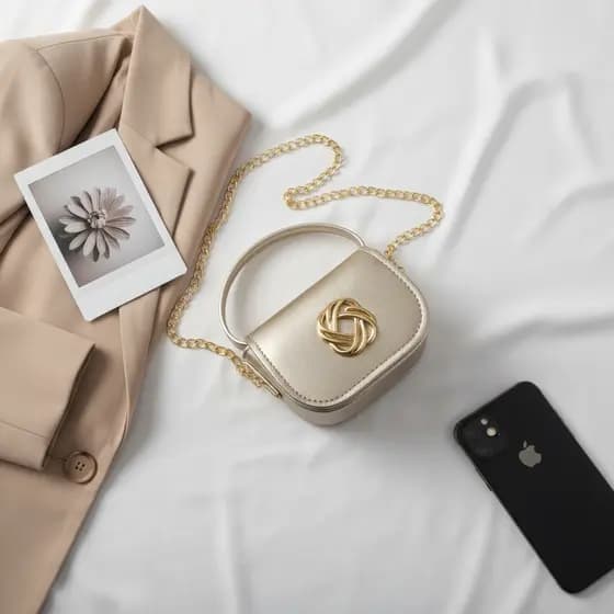 Mini Bolsa Feminina Preta com Metal de Flor Dourado – Elegante e Sofisticada