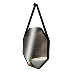 Espelho Decorativo 40cm Lavabo Banheiro Quarto Sextavado Suspenso Alça Couro + Suporte