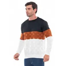 Suéter Masculino de Tricot Básico Listrada Gola Redonda