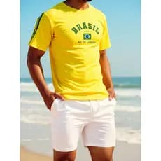 Camiseta de Manga Curta Casual da Moda com Impressão da Bandeira do Brasil, Listrada e Sólida, Primavera/Verão 2025, Mas