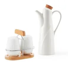 Kit Azeiteiro Saleiro Pimenteiro Mesa Cerâmica Branco Bambu