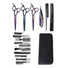 Kit 3 Tesouras Profissionais Navalha Cabeleireiro Barbeiro Furta Cor + 10 Pentes Preto Anatómica