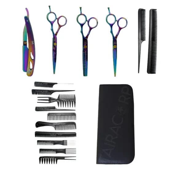 Kit 3 Tesouras Profissionais Navalha Cabeleireiro Barbeiro Furta Cor + 10 Pentes Preto Reta