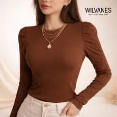 Blusa Feminina Manga Longa Bufante Princesa Gola redonda Casual Inverno confortável Ribana Canelado