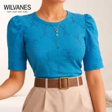 Camisa Estampa vazada Laise Gola Redonda e Manga Bufante Estilo Princesa Moda Feminina