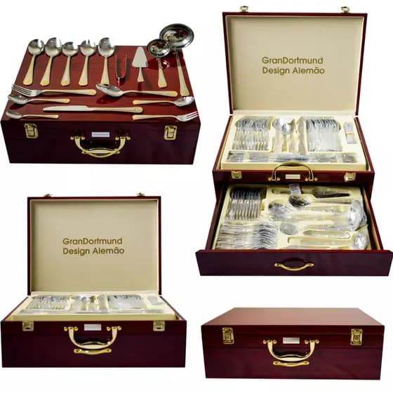 Faqueiro Inox 84 Peças Talheres Banhado Ouro Maleta Madeira