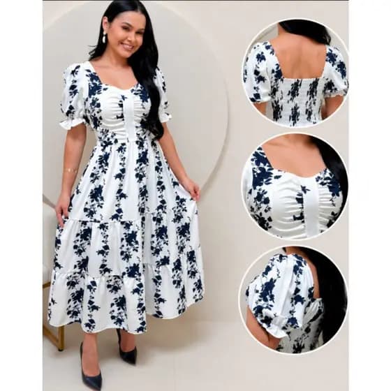 Vestido midi feminino evangélico tendencia manga bufante forrado
