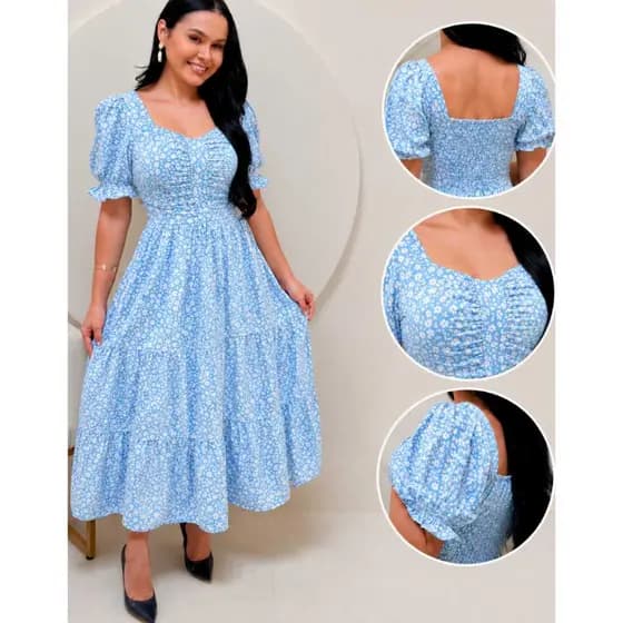 Vestido midi feminino evangélico manga bufante elástico nas costas forrado
