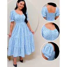 Vestido midi feminino evangélico manga bufante elástico nas costas forrado