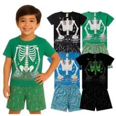 Pijama Infantil Masculino Verão Esqueleto - Hey Kids Preto BRILHA NO ESCURO