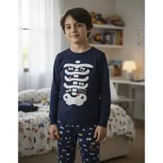 PIJAMA INFANTIL MASCULINO ESQUELETO COM PUNHO AZUL